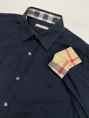 Men Burberry Brit Nova Check flip-cuff solid black button up dress shirt, S